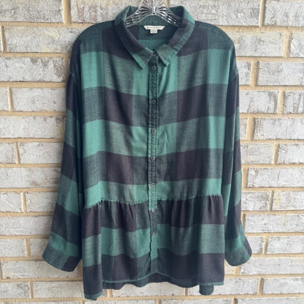 American Eagle Long Sleeve Plaid Peplum Flannel Button Down Shirt Womens Size XL